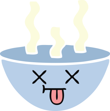 Bir insan tarafından çizilmiş sıcak çorba kasesinin düz renkli retro karikatürü