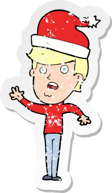 Bir insan tarafından çizilmiş Noel 'e hazır karikatürcü bir adamın gerilimli çıkartması.