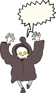 Bir insan tarafından çizilmiş serbest konuşma balonu karikatürü dans eden ölüm iskeleti