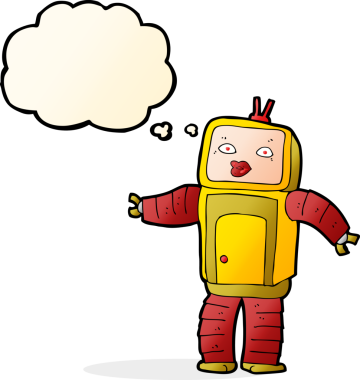 Bir insan tarafından çizilmiş düşünce baloncuklu komik robot.