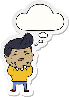 Düşünce baloncuğuyla gülen çizgi filmci bir insan tarafından çizilmiş çıkartma gibi.