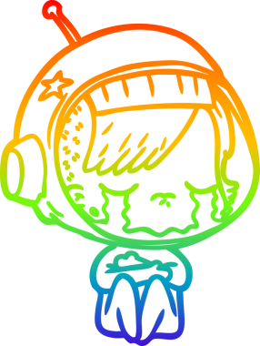 Gökkuşağı gradyan çizgi çizimi bir insan tarafından çizilmiş ağlayan astronot kız