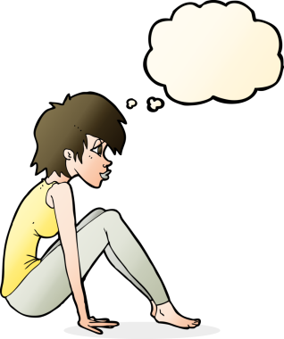 Bir insan tarafından çizilmiş düşünce baloncuğuyla oturan çizgi film kadını.