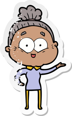 Bir insan tarafından çizilmiş mutlu, yaşlı bir kadının sıkıntılı çıkartması.