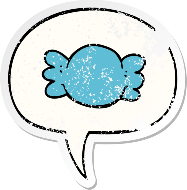 Konuşma balonuyla sarılı çizgi film bir insan tarafından çizilmiş sıkıntılı eski bir çıkartma