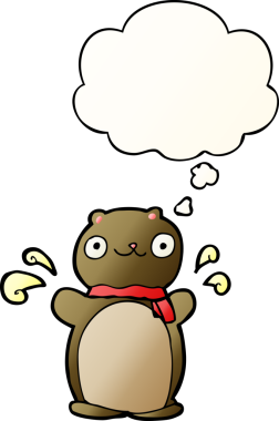 Bir insan tarafından çizilmiş yumuşak eğimli düşünce baloncuklu çizgi film mutlu oyuncak ayı.