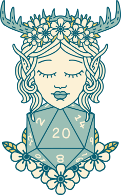 Retro Dövme Tarzı Elf Karakteri Nautral 20 zar bir insan tarafından çizilmiş