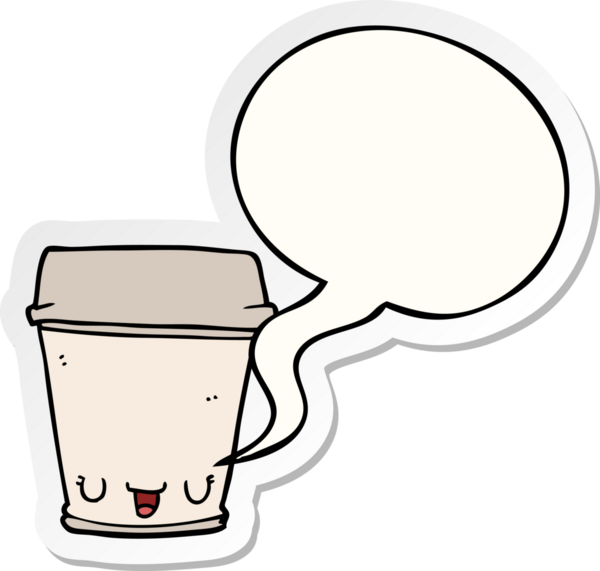 Bir insan tarafından çizilmiş konuşma balonu çıkartmalı çizgi film kahve fincanı.