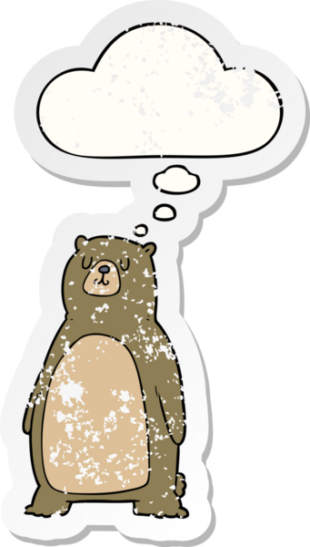 Düşünce baloncuğu olan çizgi film ayısı bir insan tarafından çizilmiş yıpranmış bir çıkartma.