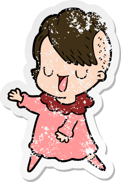 Hipster saç kesimi bir insan tarafından çizilmiş tatlı bir çizgi film kızına ait sıkıntılı bir etiket.