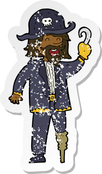 Bir insan tarafından çizilmiş korsan karikatür kaptanının sıkıntılı retro yapıştırması.