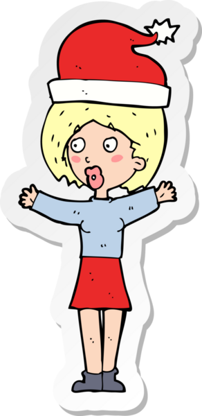 Bir insan tarafından çizilmiş Xmas şapkalı bir karikatür kadının çıkartması.