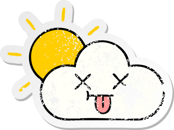 Sevimli bir çizgi film yıldızının sıkıntılı çıkartması ve bir insan tarafından çizilmiş bulut.