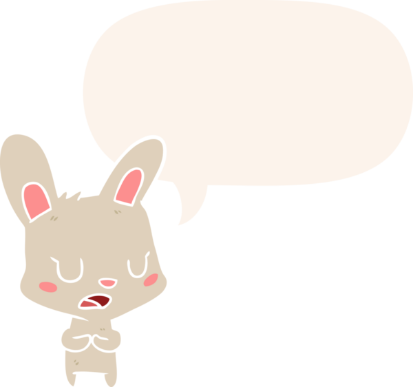 Bir insan tarafından çizilmiş, konuşma baloncuğuyla konuşan çizgi film tavşanı.