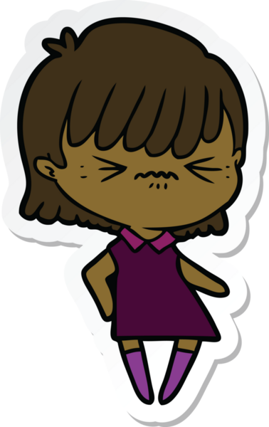 Bir insan tarafından çizilmiş kızgın bir çizgi film kızına ait etiket.