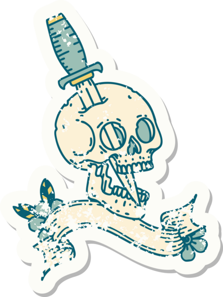 Bir insan tarafından çizilmiş kafatasının pankartıyla eski bir etiket.