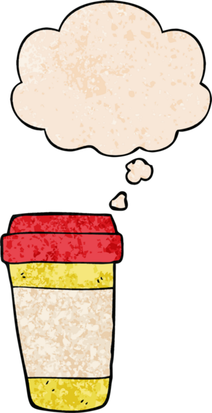 Bir insan tarafından çizilmiş grunge desenli düşünce baloncuklu çizgi film kahve fincanı.