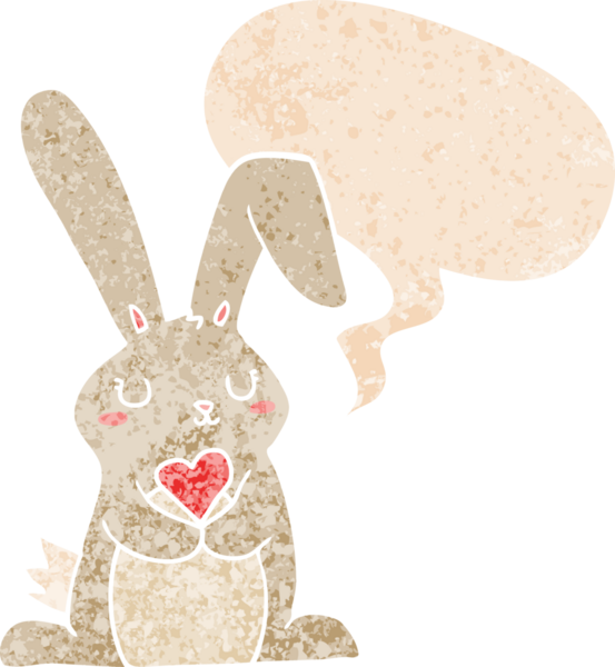 çizgi film tavşanı, konuşma baloncuğuna aşık, grunge 'da kederli eski moda bir insan tarafından çizilmiş.