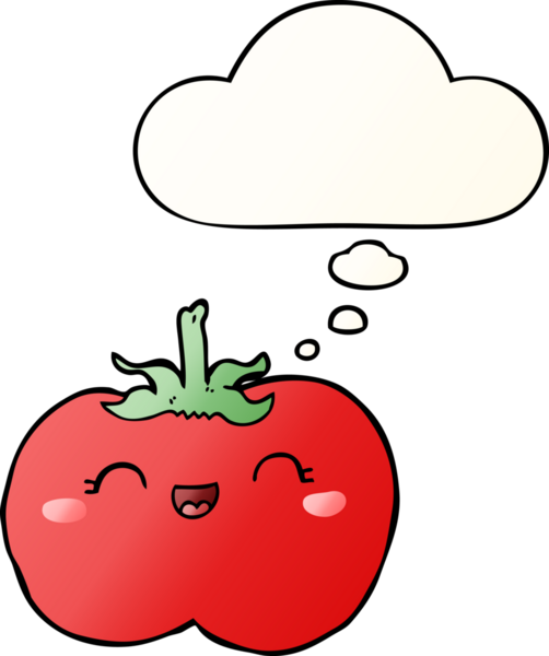 Düşünce baloncuklu çizgi film domatesi, bir insan tarafından çizilmiş düz eğimli bir şekil.