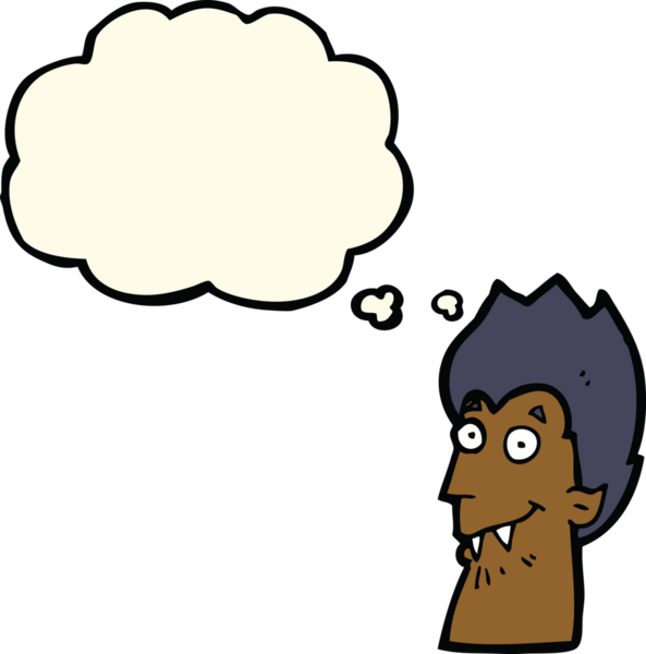 Bir insan tarafından çizilmiş düşünce balonlu vampir kafası.