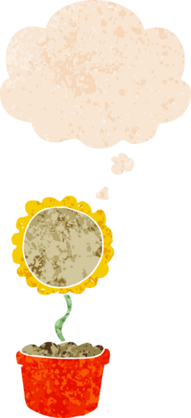 Düşünce baloncuğu ve grunge ile sevimli karikatür çiçek bir insan tarafından çizilmiş sıkıntılı retro doku