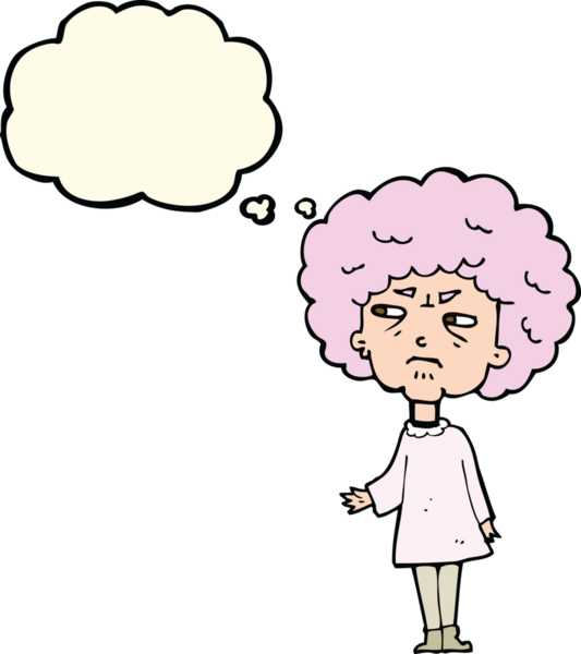 Bir insan tarafından çizilmiş düşünce balonlu yaşlı kadın çizgi filmi.