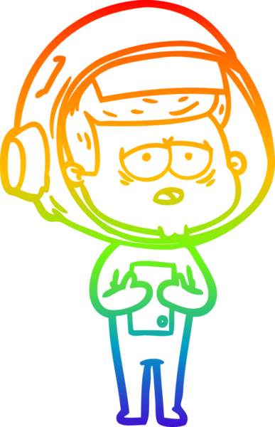 Gökkuşağı gradyan çizgi çizimi bir insan tarafından çizilmiş yorgun astronot