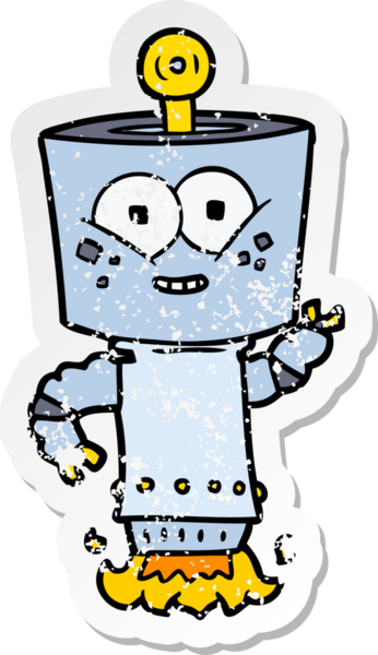 Bir insan tarafından çizilmiş mutlu çizgi film robotunun sıkıntılı çıkartması.