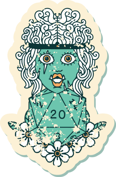 Retro Dövme Tarzı Ork barbarlığı. Bir insan tarafından çizilmiş doğal yirmi zar.