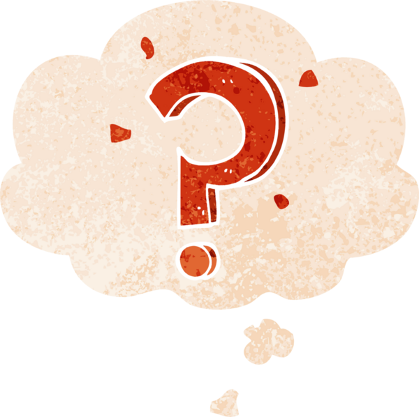 bir insan tarafından çizilmiş grunge sıkıntılı retro biçimli düşünce baloncuğu ile çizgi film soru işareti