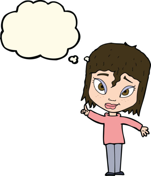 Bir insan tarafından çizilmiş düşünce baloncuğu fikri olan karikatür kadın.