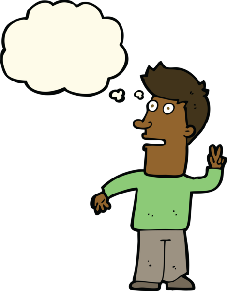 Bir insan tarafından çizilmiş düşünce baloncuğuyla barış işareti yapan çizgi film adamı.