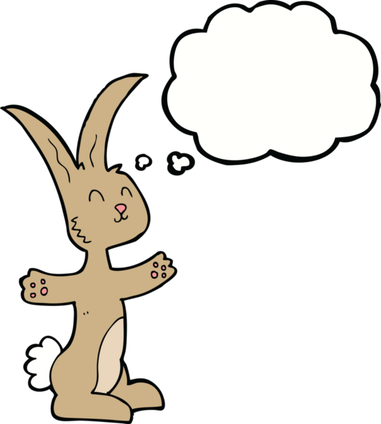 Bir insan tarafından çizilmiş düşünce kabarcığı olan çizgi film tavşanı.