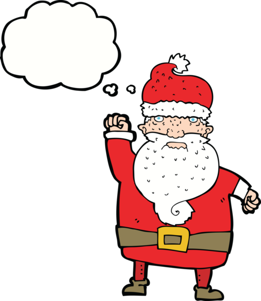 Bir insan tarafından çizilmiş düşünce baloncuklu kızgın Noel Baba çizgi filmi.