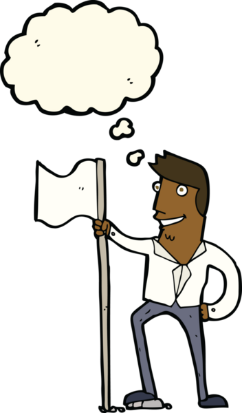 Bir insan tarafından çizilmiş düşünce baloncuğuyla bayrak diken çizgi film adamı.