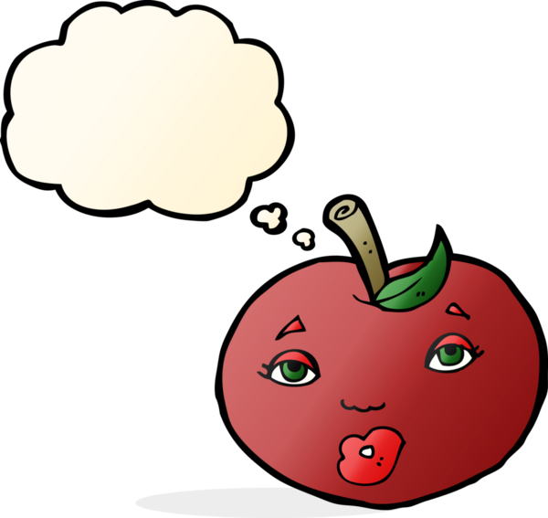 bir insan tarafından çizilmiş, yüzü düşünce baloncuğu olan çizgi film elması