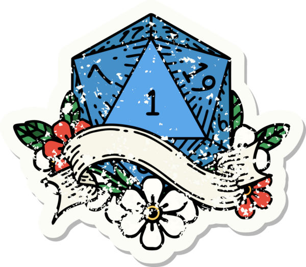 Bir insan tarafından çizilmiş doğal bir d20 zarının grunge çıkartması.