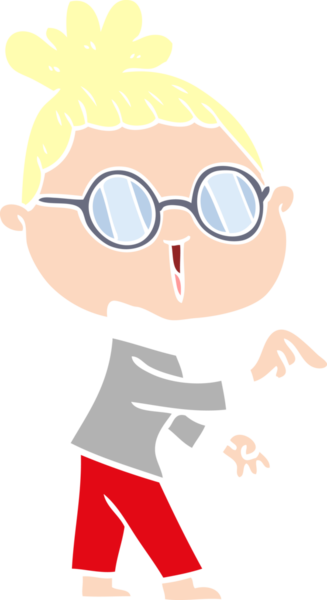 Düz renkli karikatür kadın bir insan tarafından çizilmiş gözlük giyiyor.