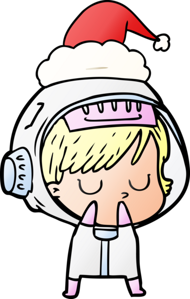 Bir insan tarafından çizilmiş Noel Baba şapkası giyen astronot bir kadının el çizimi karikatürü.