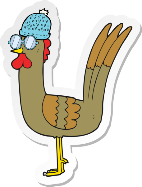 Bir insan tarafından çizilmiş karikatür tavuk etiketi.