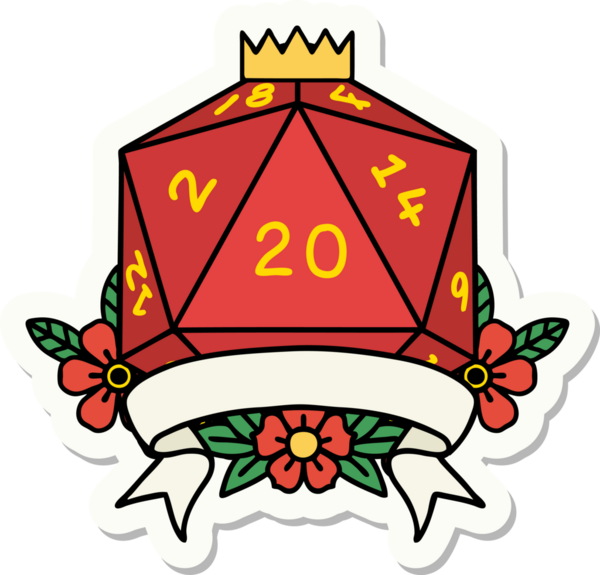 Bir insan tarafından çizilmiş 20 kritik vuruşluk D20 zar etiketi.