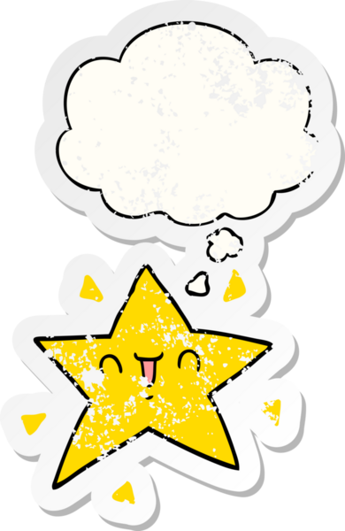 Düşünce baloncuğu olan mutlu çizgi film yıldızı insan tarafından çizilmiş yıpranmış bir çıkartma gibi.