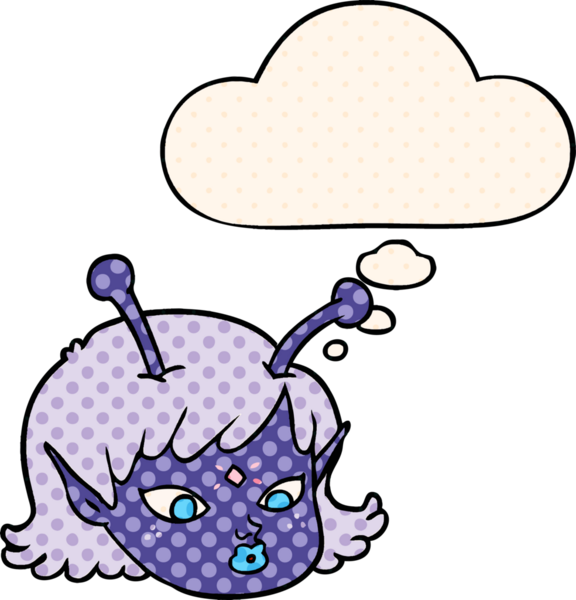 Çizgi roman tarzında bir insan tarafından çizilmiş düşünce balonlu uzaylı uzay kızı yüzü.