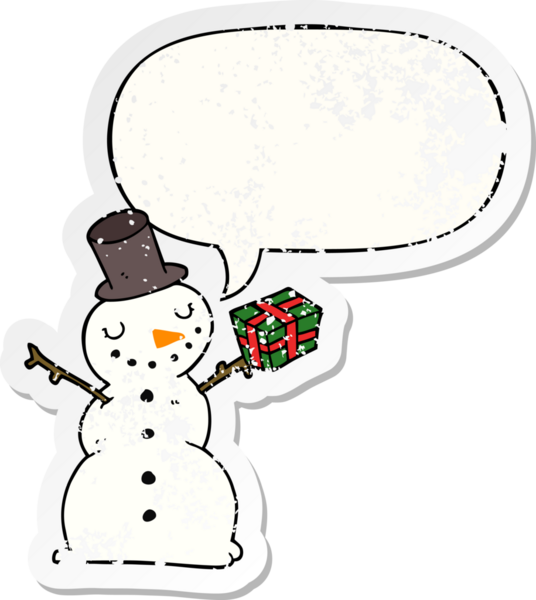 Konuşma baloncuğu olan kardan adam bir insan tarafından çizilmiş sıkıntılı eski bir çıkartma