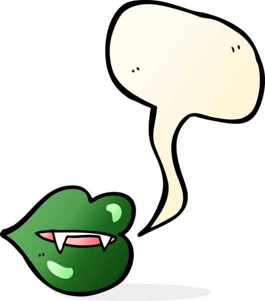 Bir insan tarafından çizilmiş konuşma balonlu vampir dişleri.