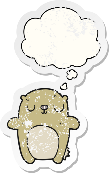 Düşünce baloncuğu olan çizgi film ayısı bir insan tarafından çizilmiş yıpranmış bir çıkartma.