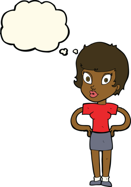 Bir insan tarafından çizilmiş düşünce baloncuğu olan elleri kalçasında çizgi film kadını.