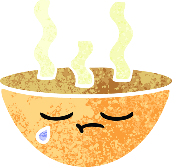 Bir insan tarafından çizilmiş sıcak bir çorba kasesinin retro çizim tarzı karikatürü.