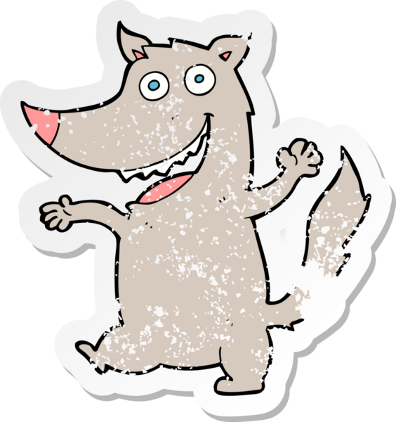 Bir insan tarafından çizilmiş mutlu kurt çizgi filminin kederli retro yapıştırması.