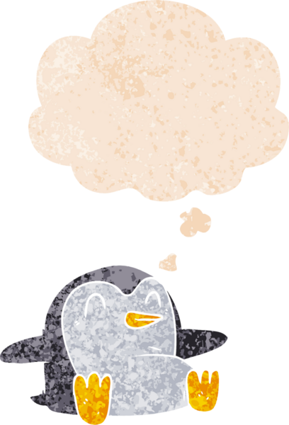Düşünce baloncuğu olan karikatür pengueni bir insan tarafından çizilmiş dertli retro desenli.